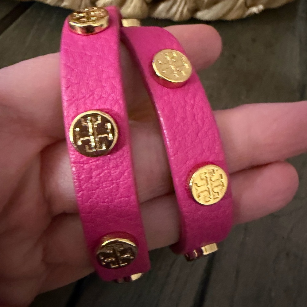 Tory Burch Hot Pink Double Wrap Leather Bracelet with Gold Logo Studs. - Picture 2 of 3